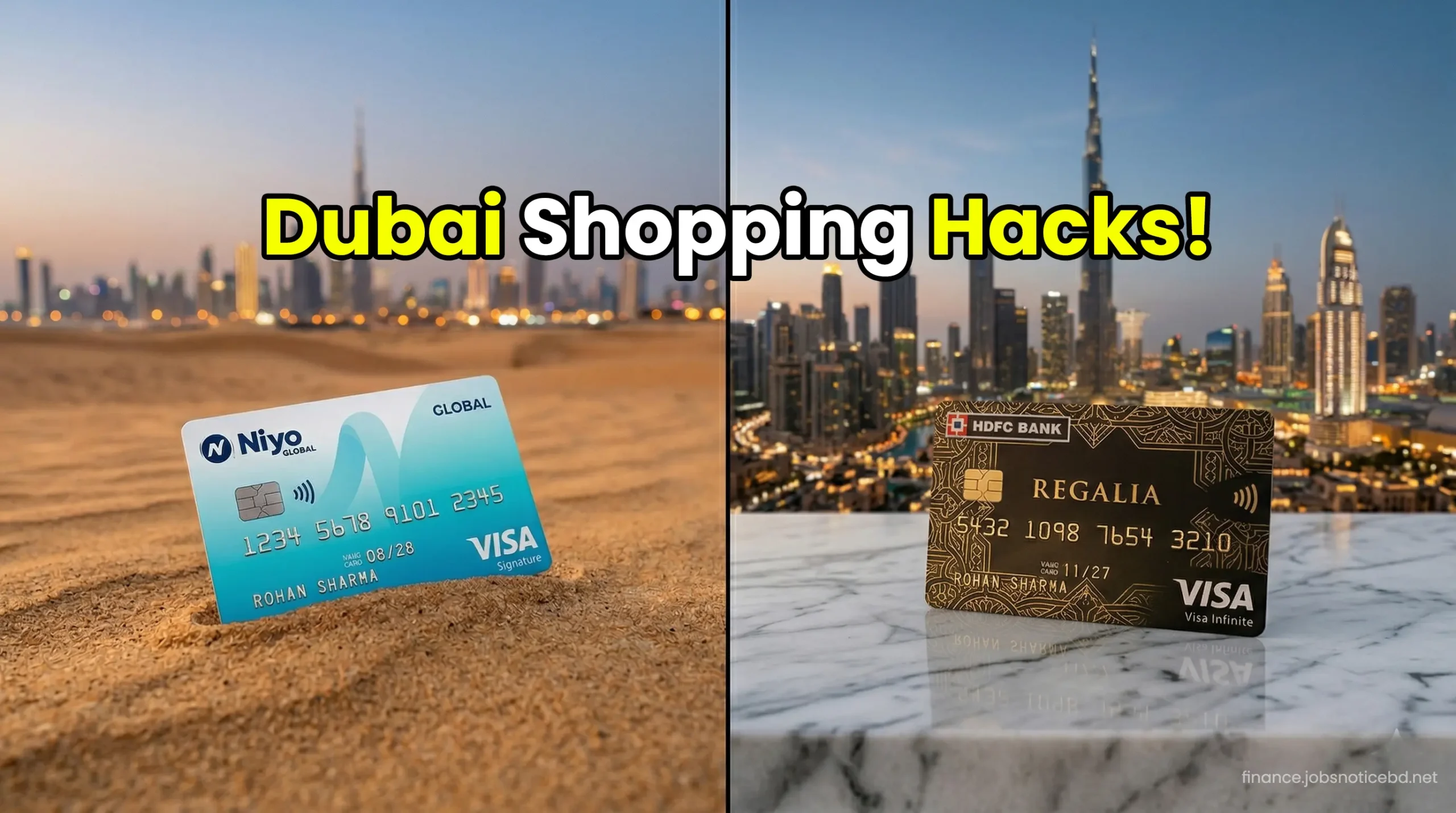 A side-by-side comparison of the Niyo Global card and HDFC Regalia credit card with the iconic Dubai Burj Khalifa in the background.