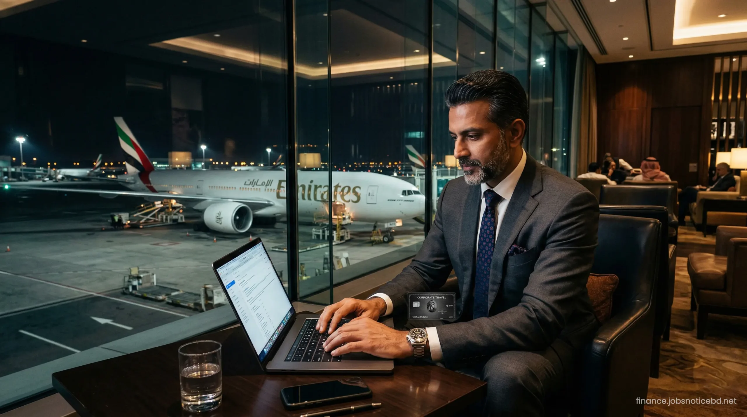 An Indian business executive working on a laptop inside a luxury international airport lounge.