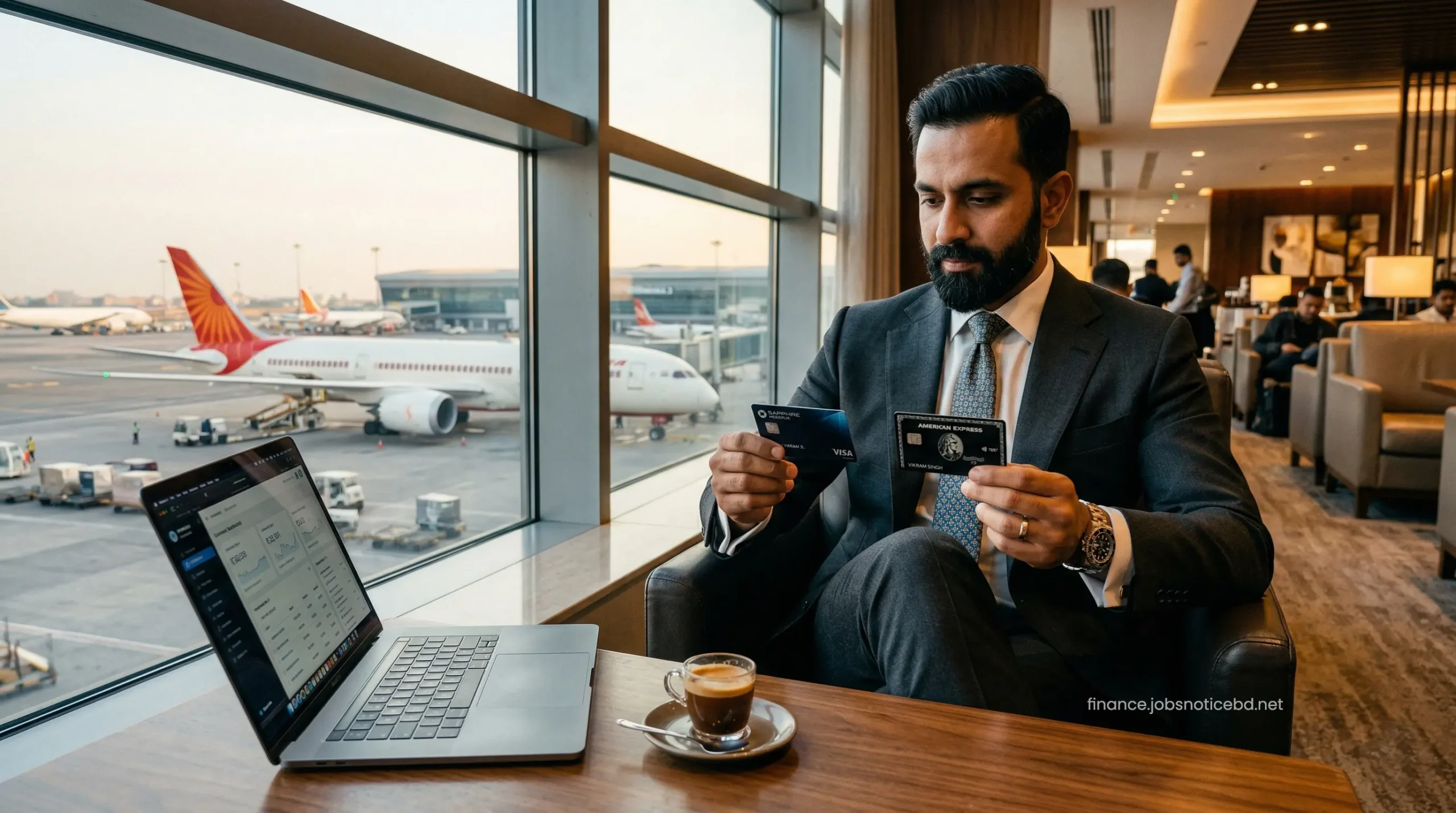 An Indian business traveler sitting in an airport lounge comparing two premium travel credit cards.