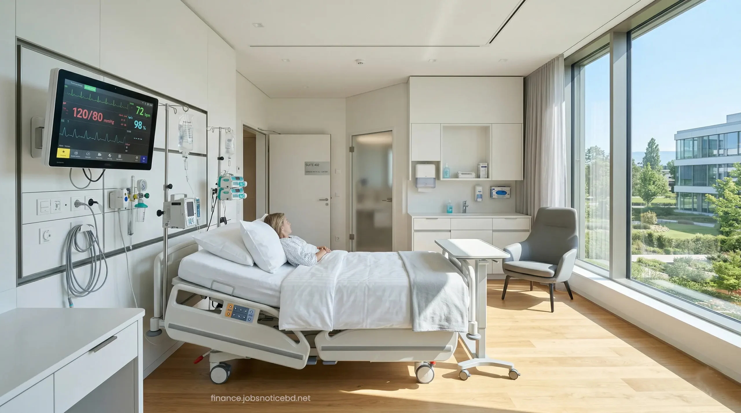 A modern, high-tech hospital room in Europe representing cashless medical treatment facilities.