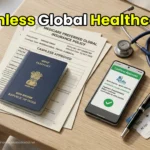 An Indian passport next to global health insurance documents and a stethoscope on a modern doctor's desk.