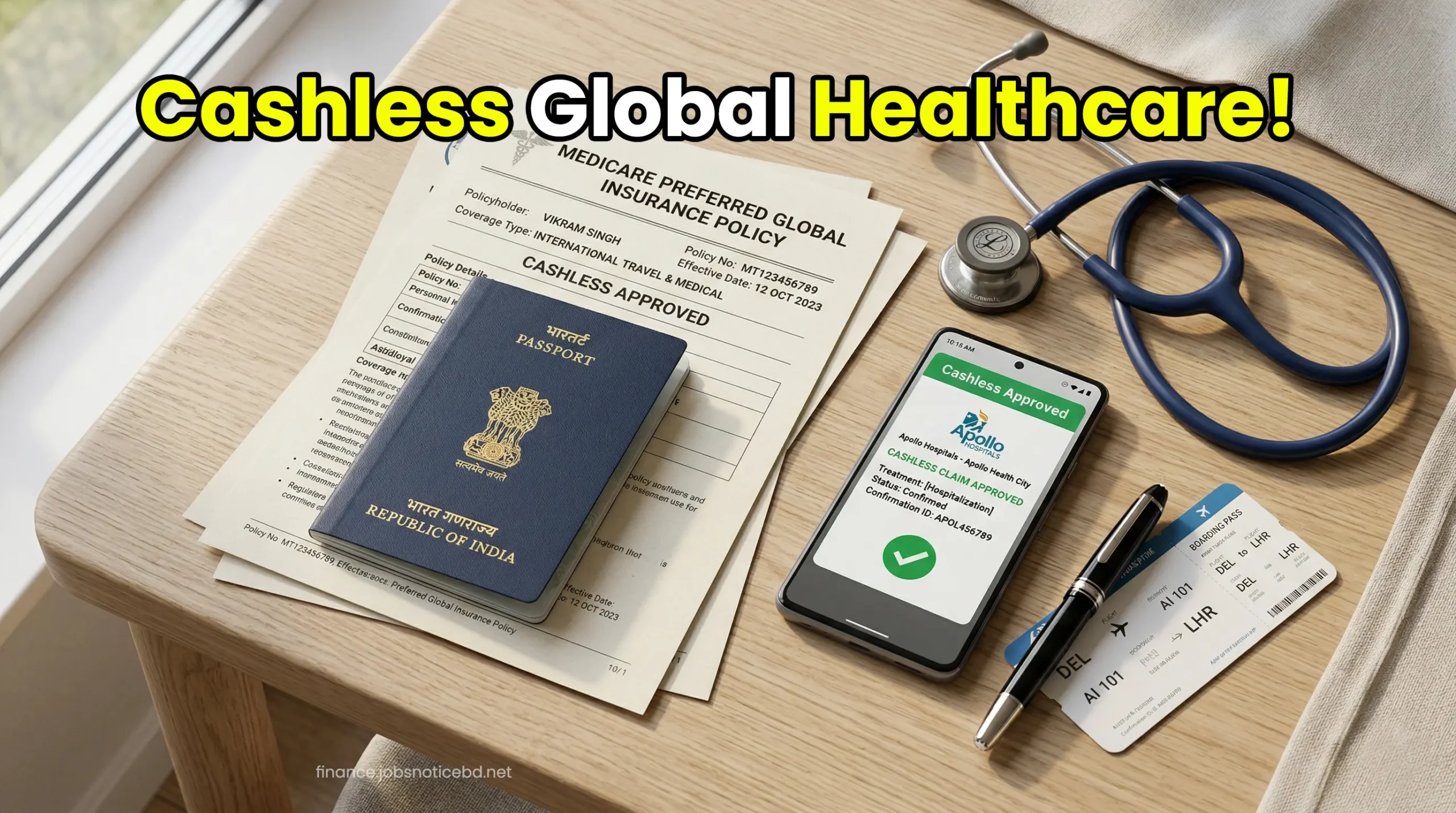 An Indian passport next to global health insurance documents and a stethoscope on a modern doctor's desk.