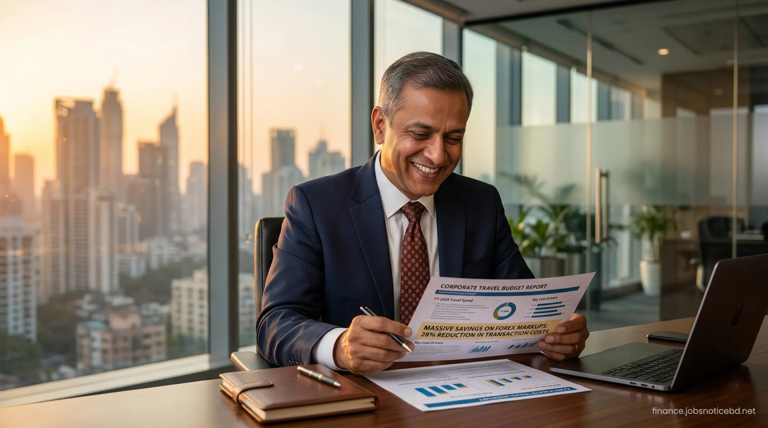 A Chief Financial Officer smiling while reviewing a travel budget report showing massive savings.