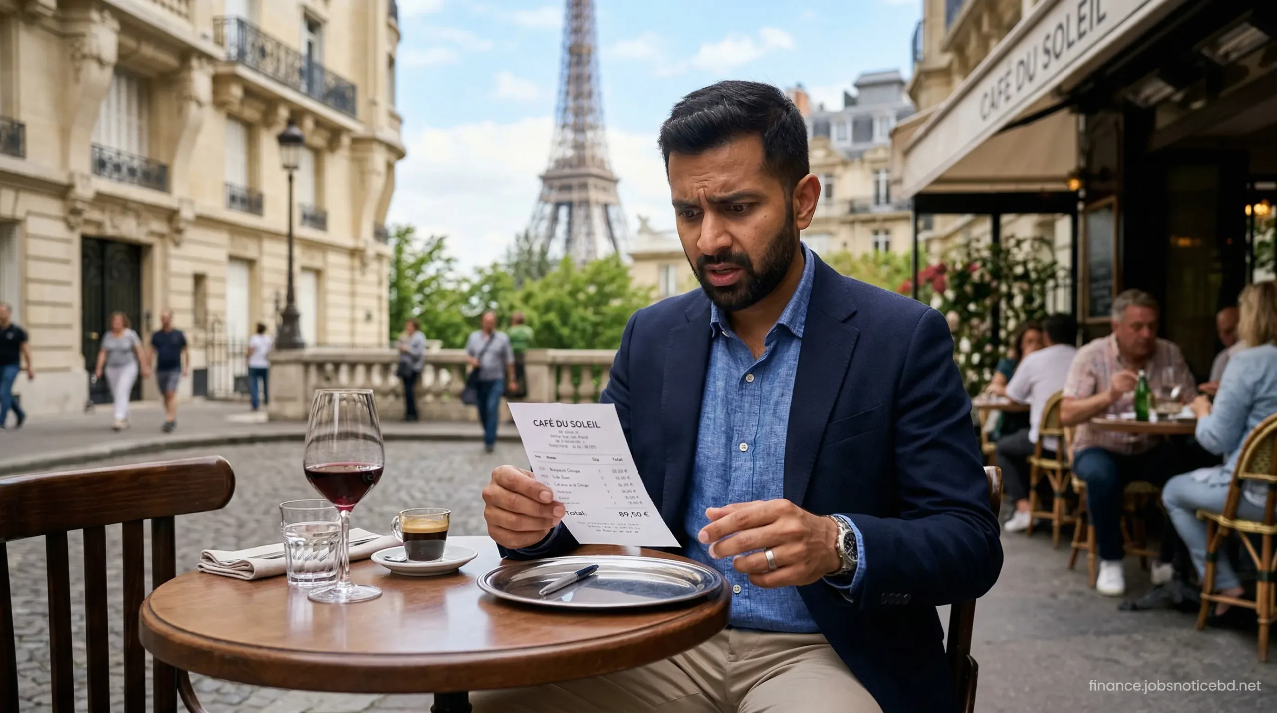 An Indian tourist looking confused at an expensive restaurant bill in a European cafe due to currency conversion rates.