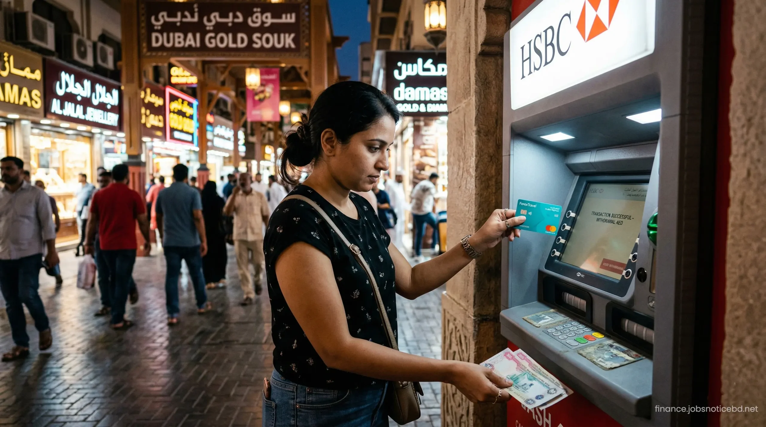 Withdrawing UAE Dirhams from an ATM near the Dubai Gold Souk using a forex card.