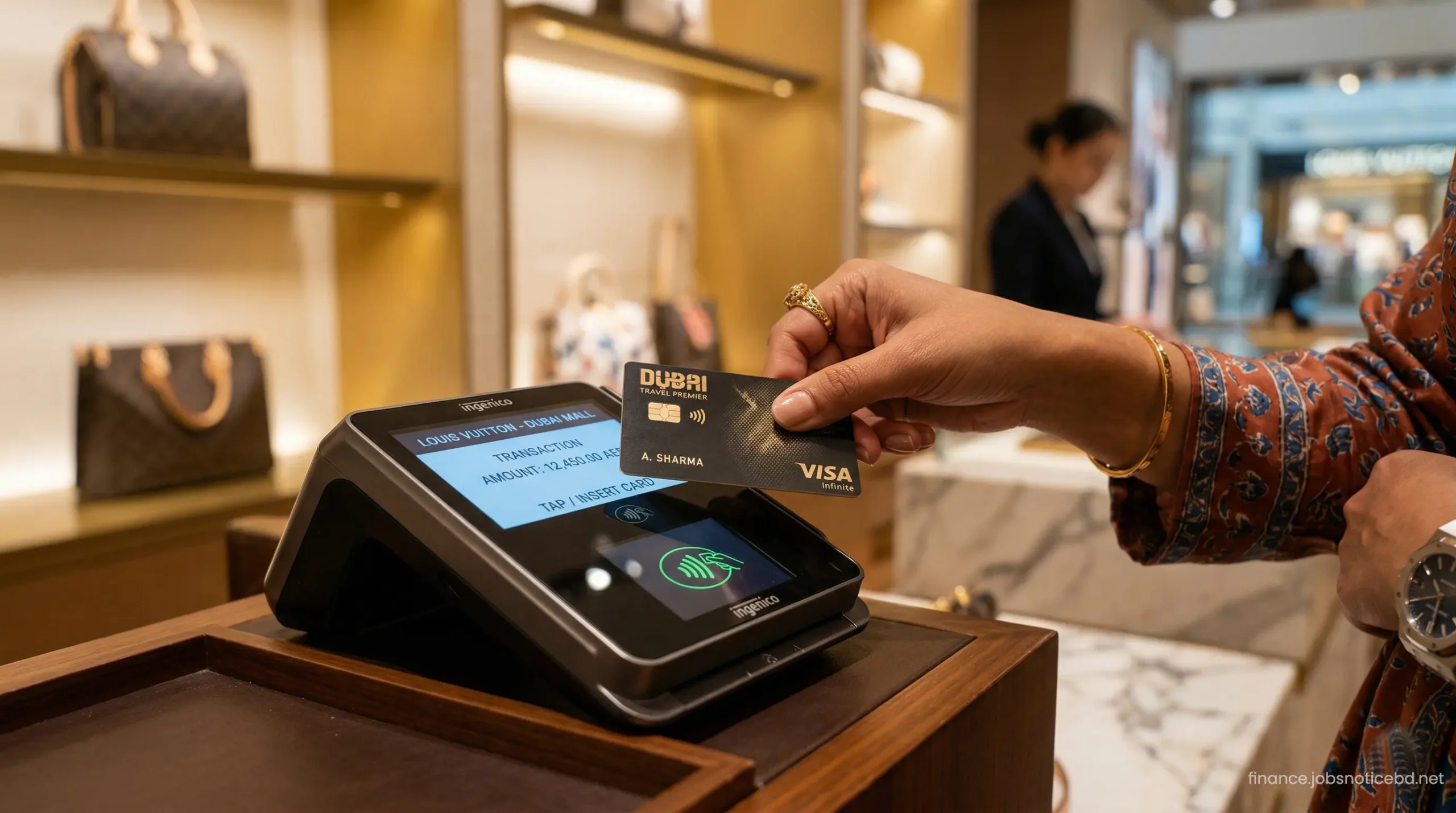 An Indian traveler paying for luxury goods at the Dubai Mall using a zero forex markup travel card.