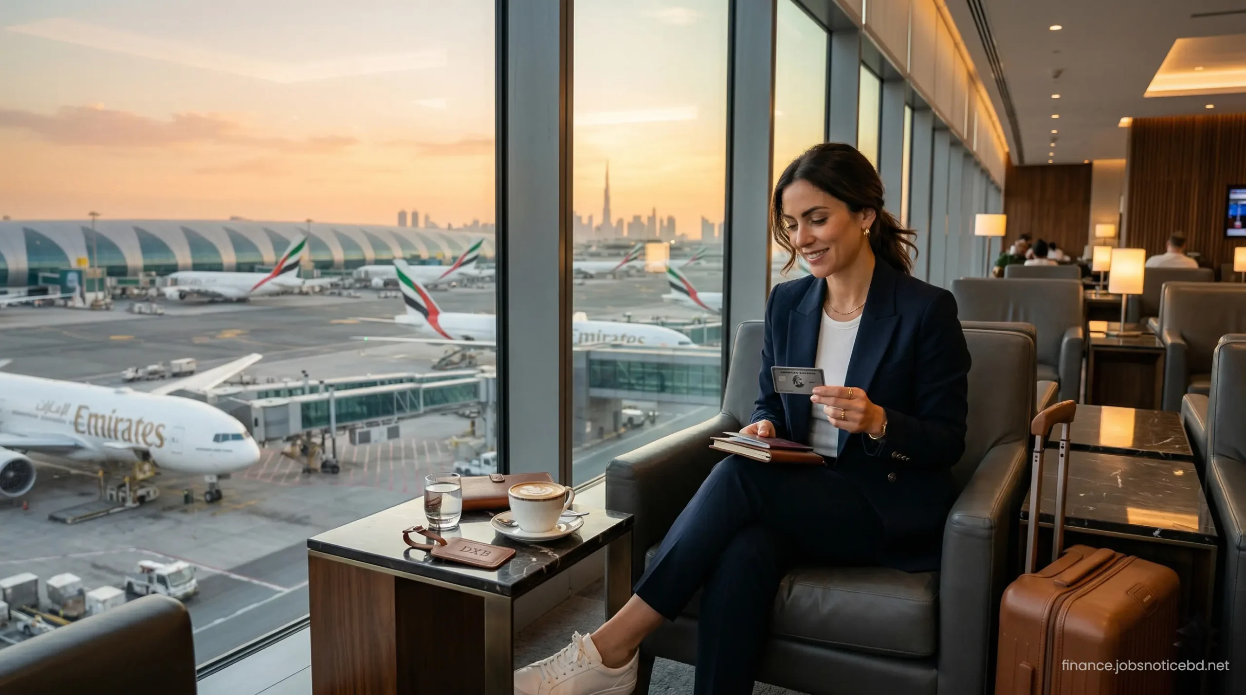 A traveler enjoying complimentary premium food and beverages at a VIP airport lounge in Dubai International Airport.