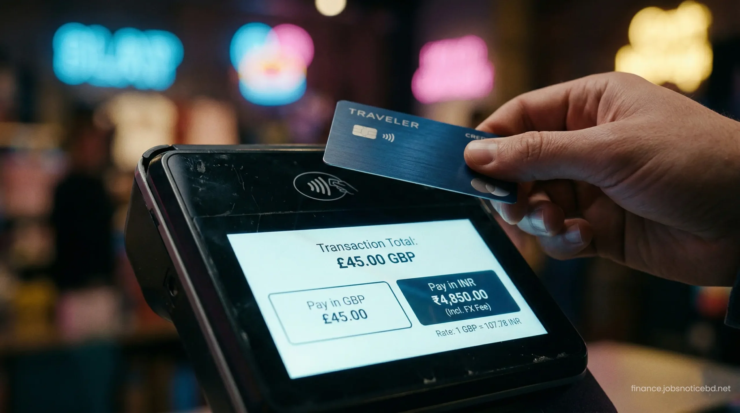 A close-up of a merchant payment terminal asking the customer to choose between local currency and Indian Rupees.