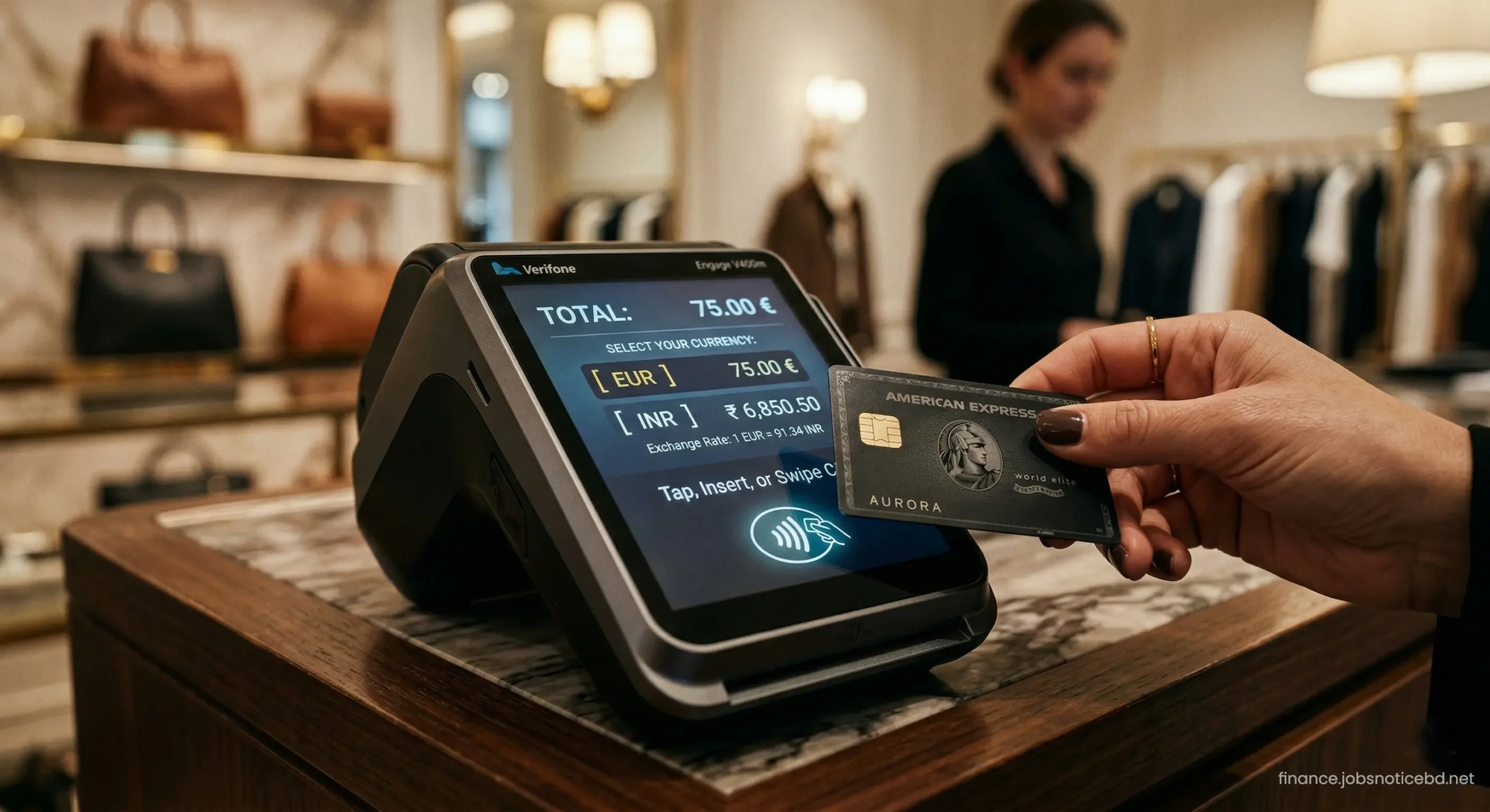 A point-of-sale payment terminal displaying a dynamic currency conversion prompt during an international transaction.