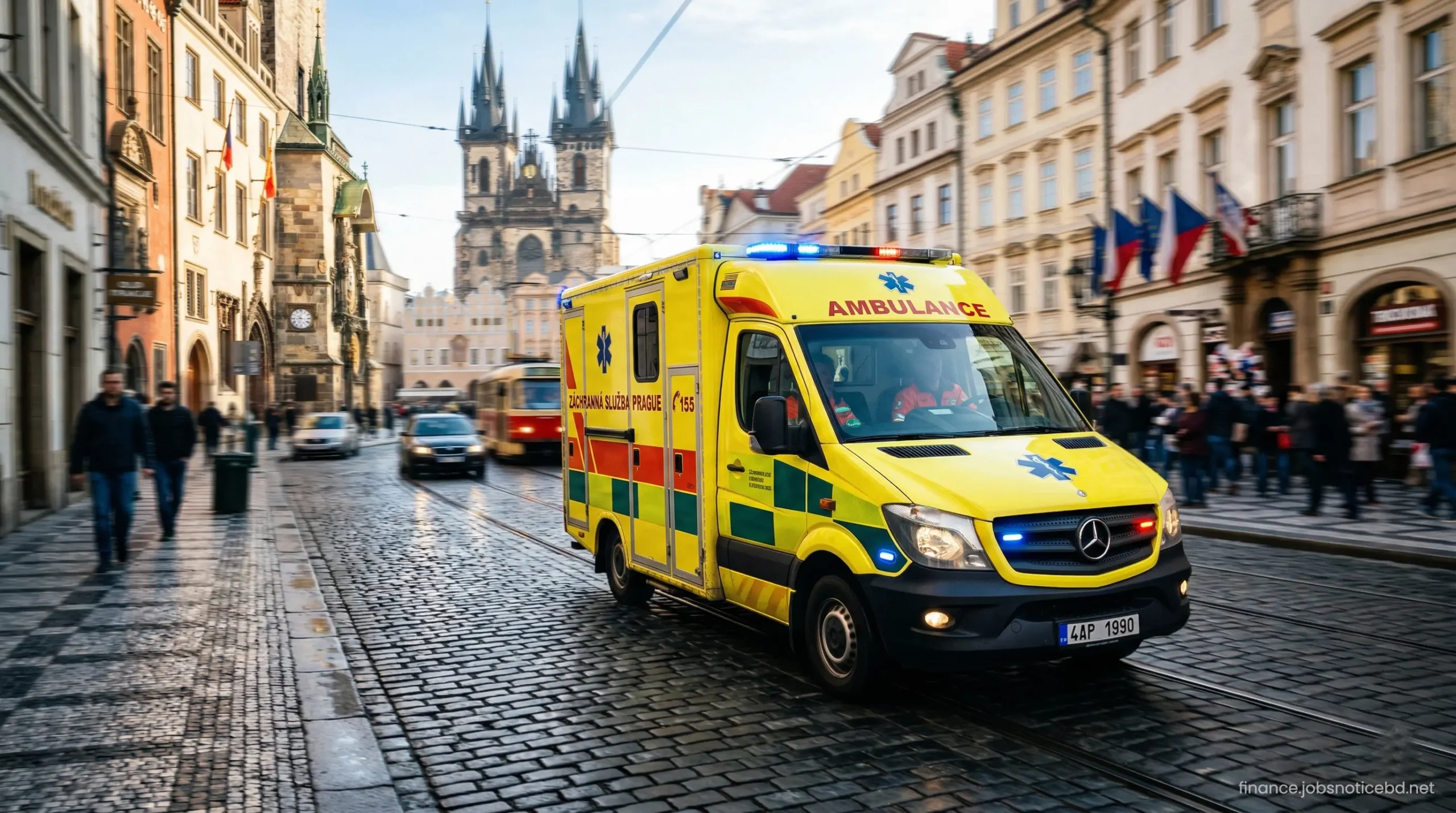 A modern ambulance driving through a historic European city street during a medical emergency.