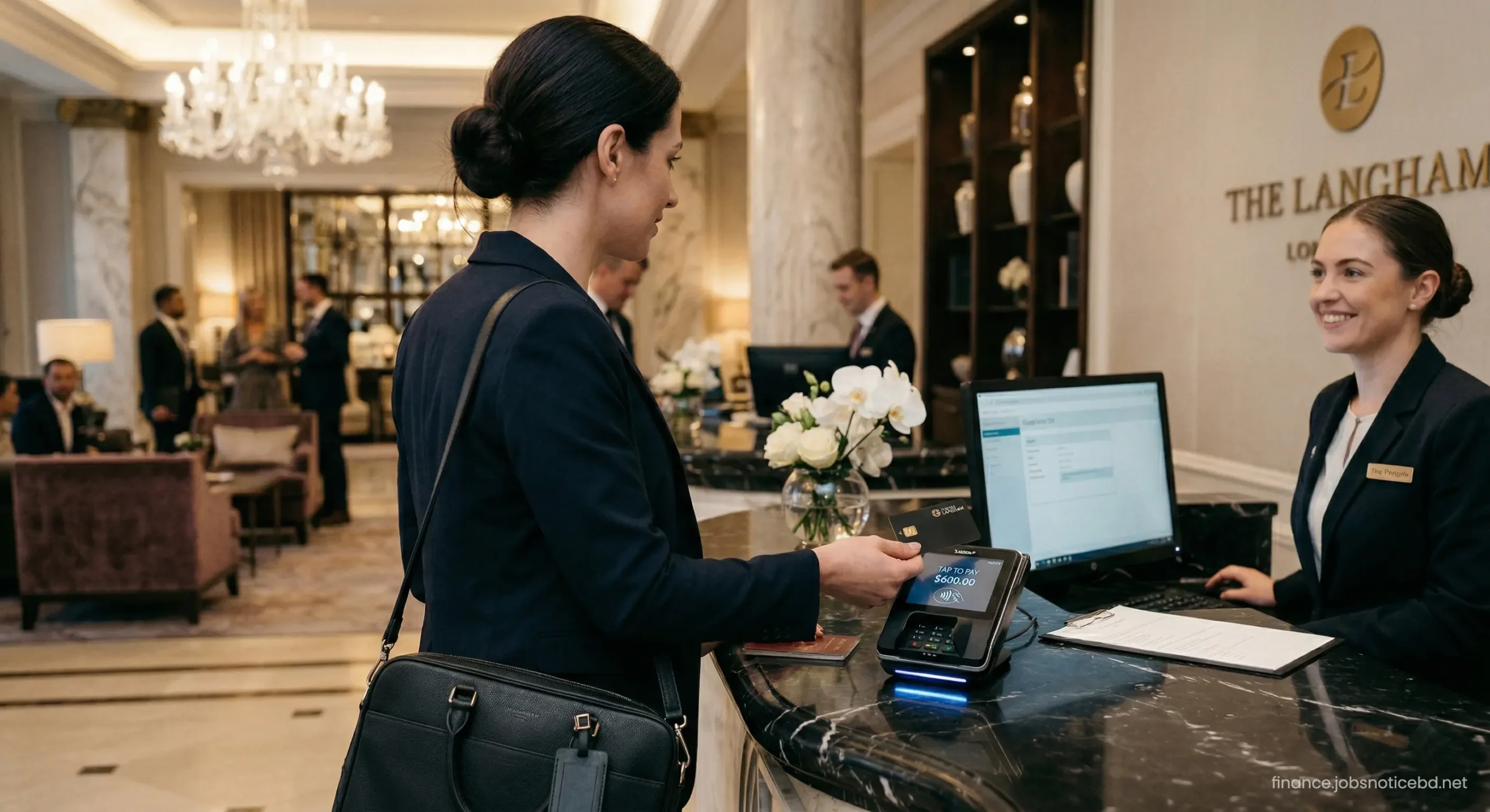 An employee using a corporate credit card to pay for a luxury business hotel abroad.