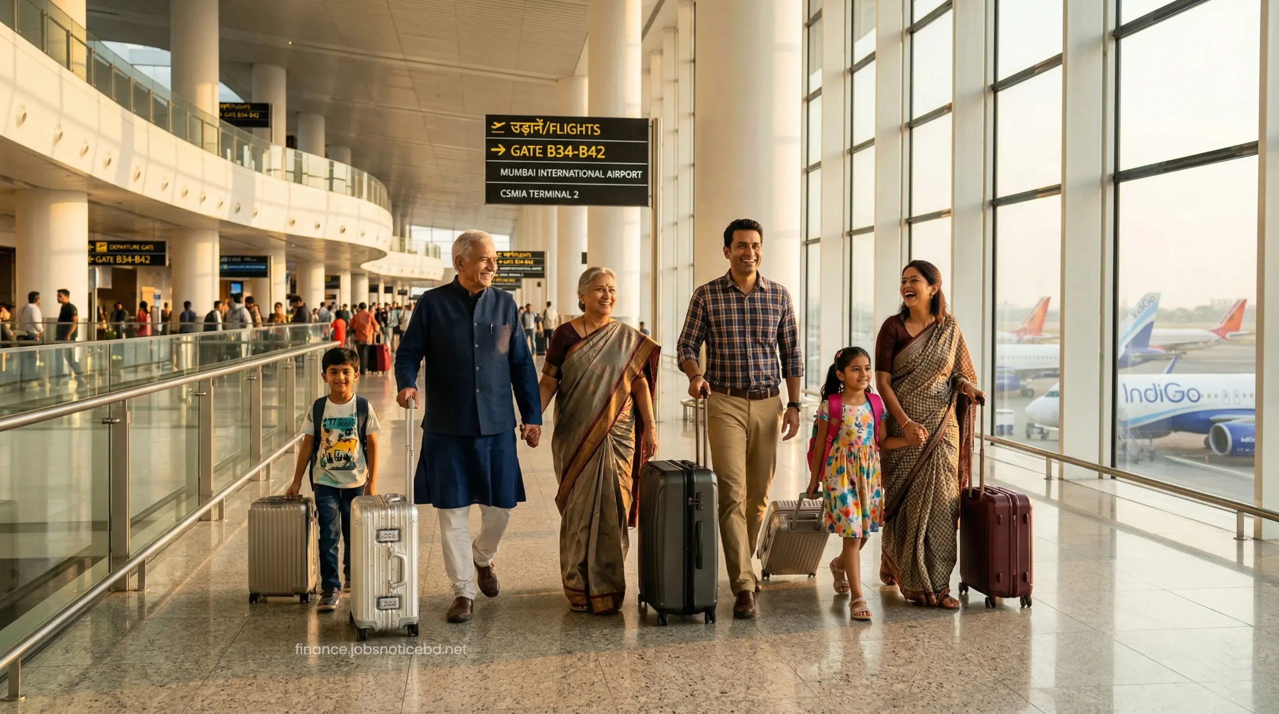 A multi-generational Indian family happily walking through an international airport terminal with luggage.