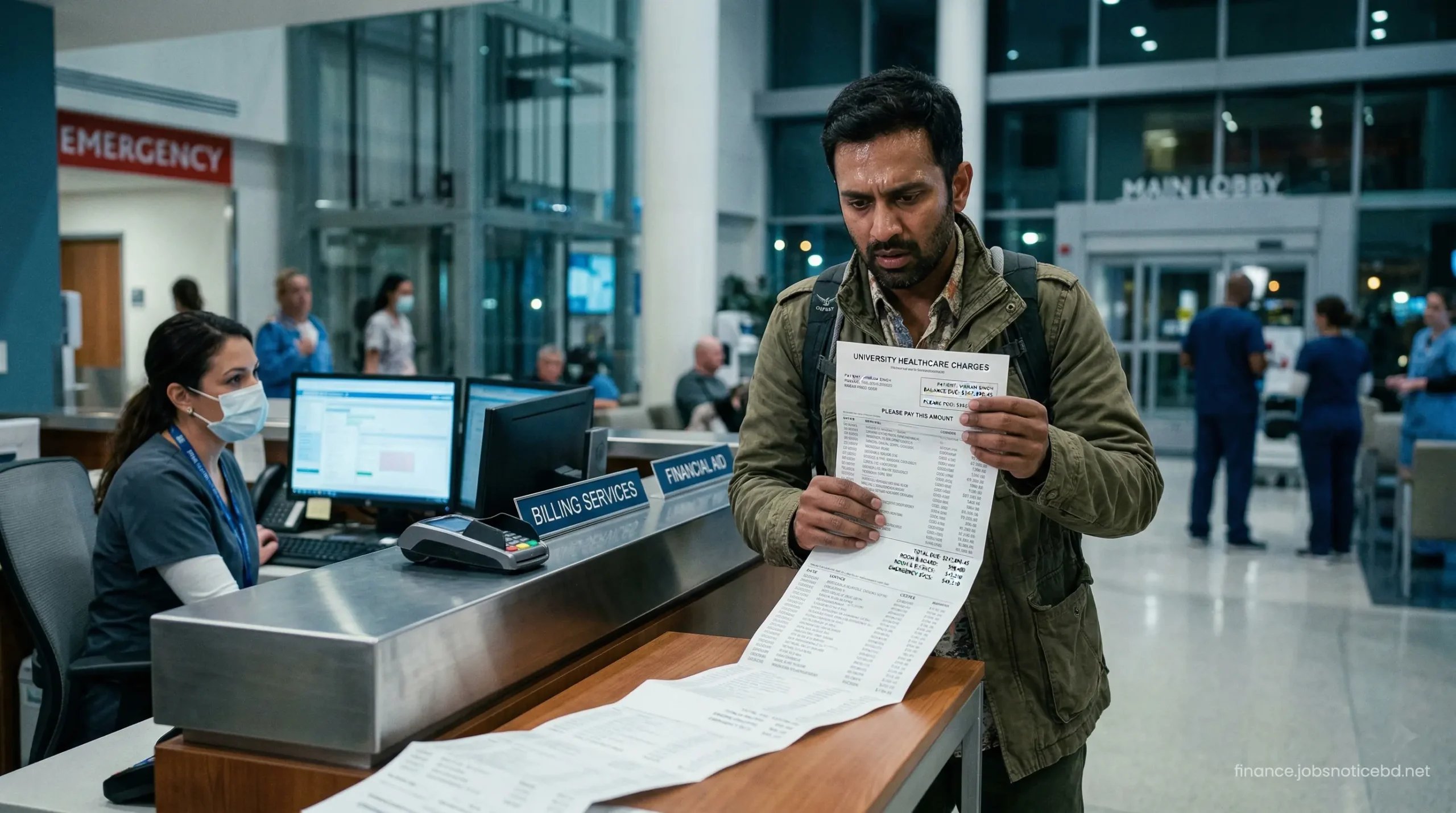A stressed traveler arguing with a foreign hospital billing department over massive medical charges.