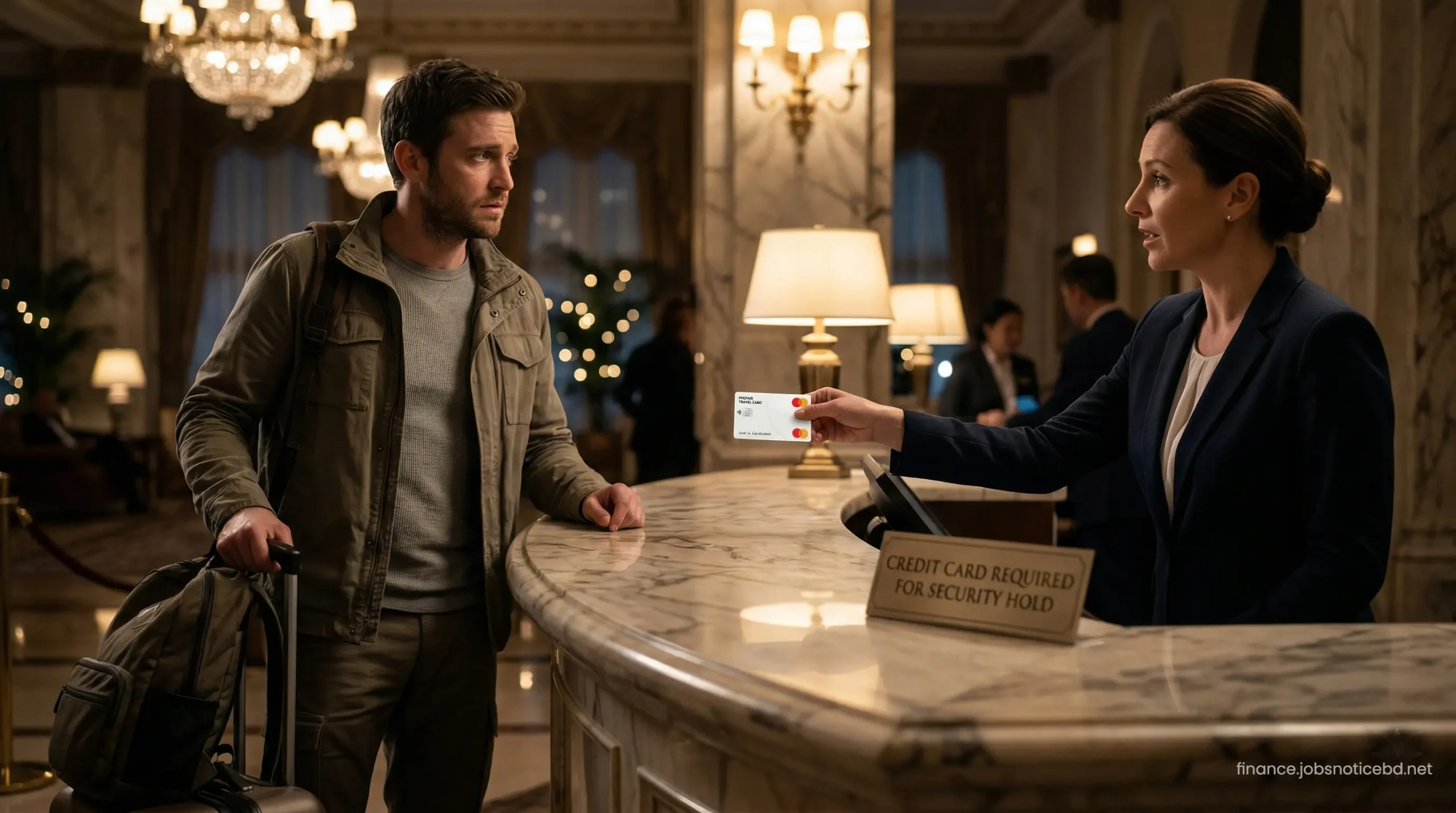 A traveler looking concerned at a luxury hotel reception desk as their prepaid card is rejected for a security deposit.