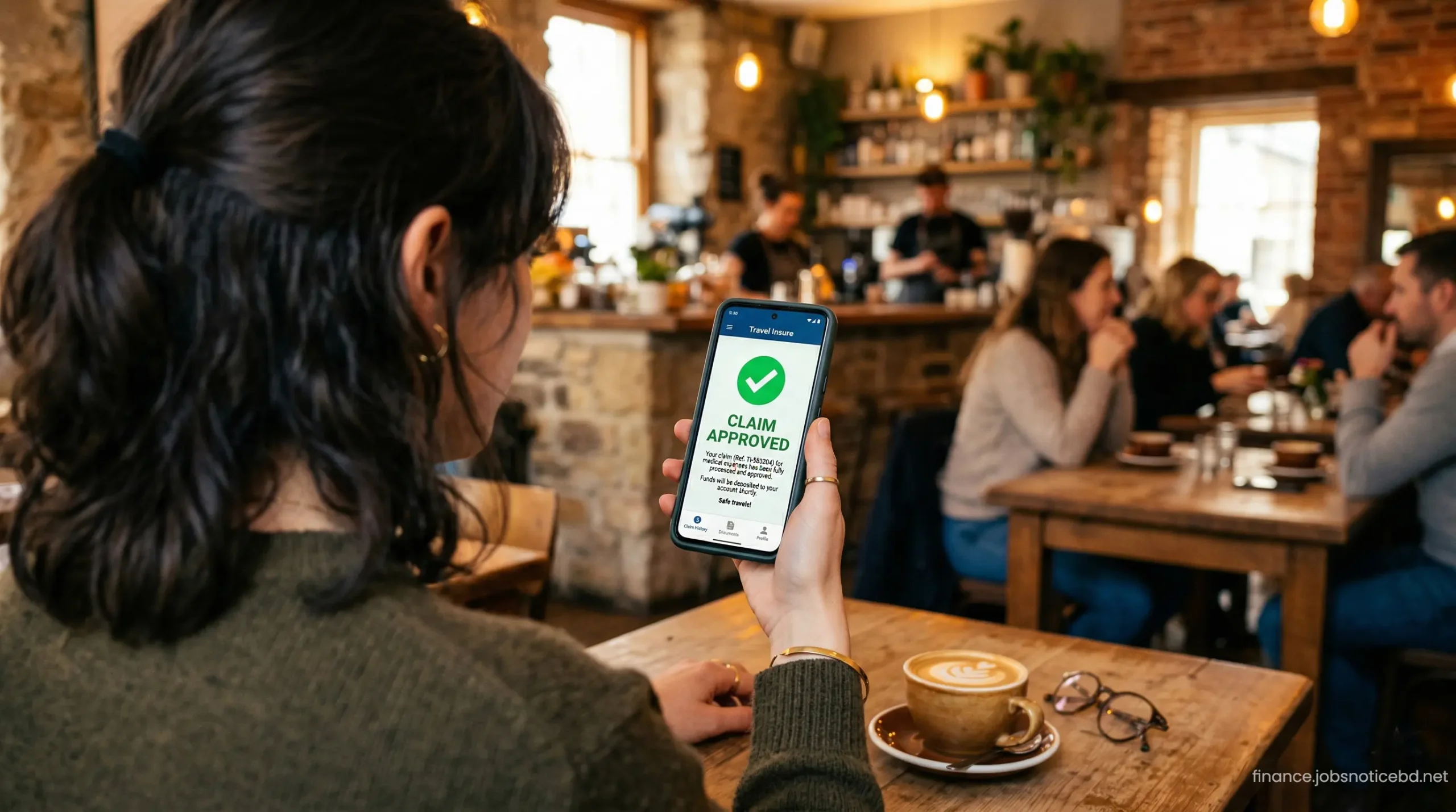 A traveler checking an instant travel insurance claim approval notification on a smartphone app.