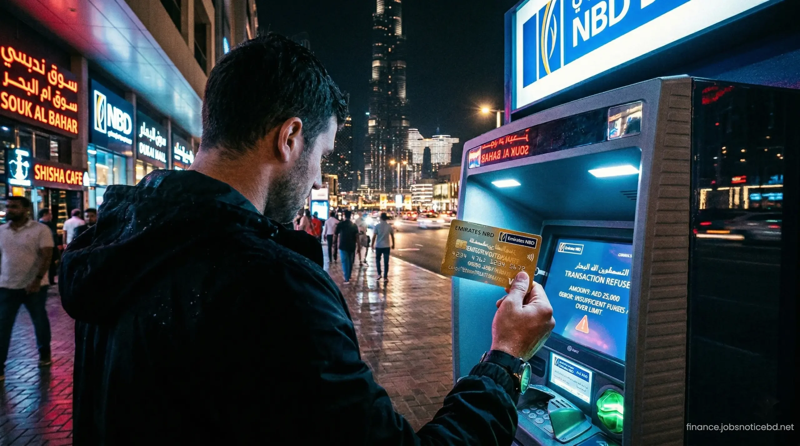 A traveler inserting a credit card into a foreign ATM, unaware of the massive cash advance fees.