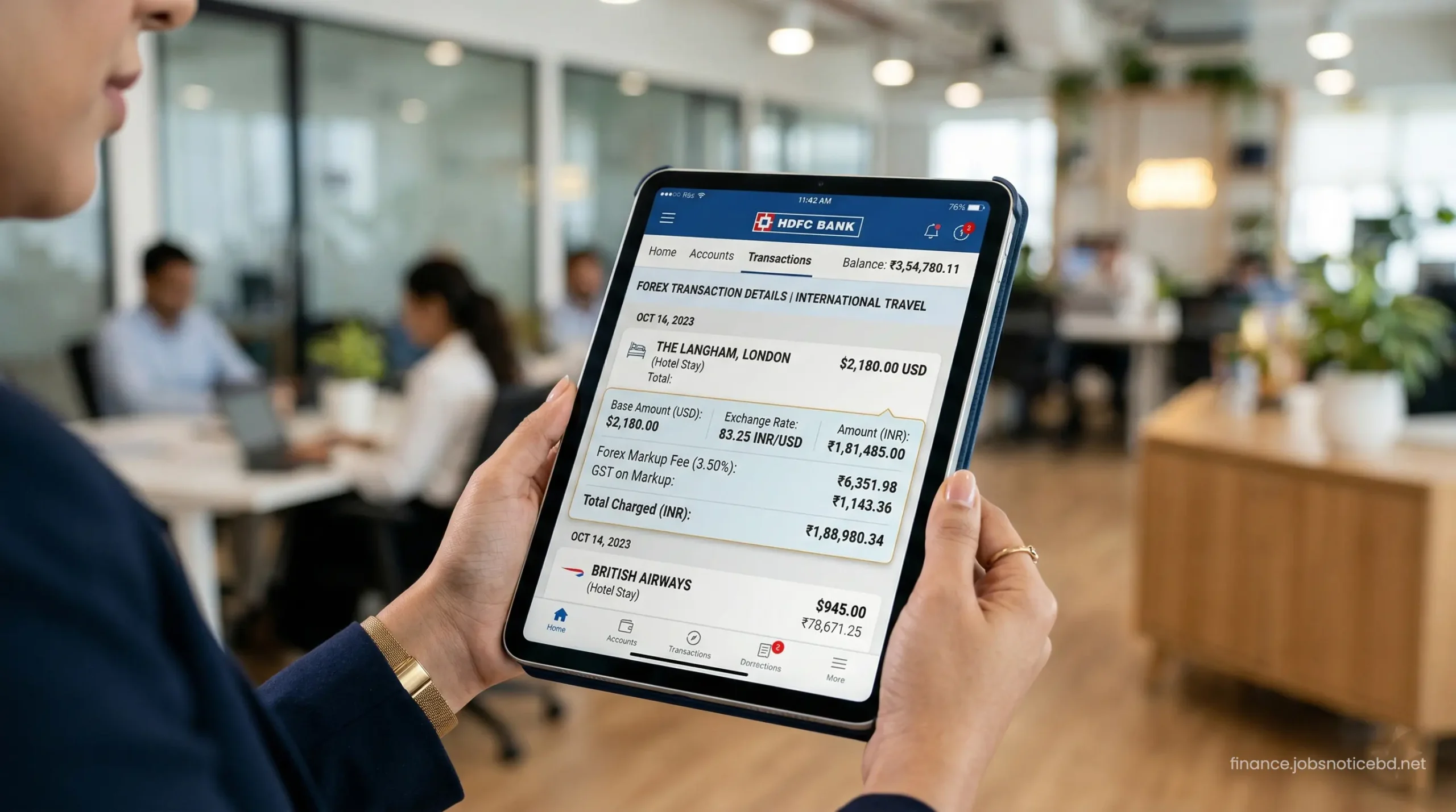 A close-up of a digital tablet showing a credit card statement with foreign currency conversion rates.