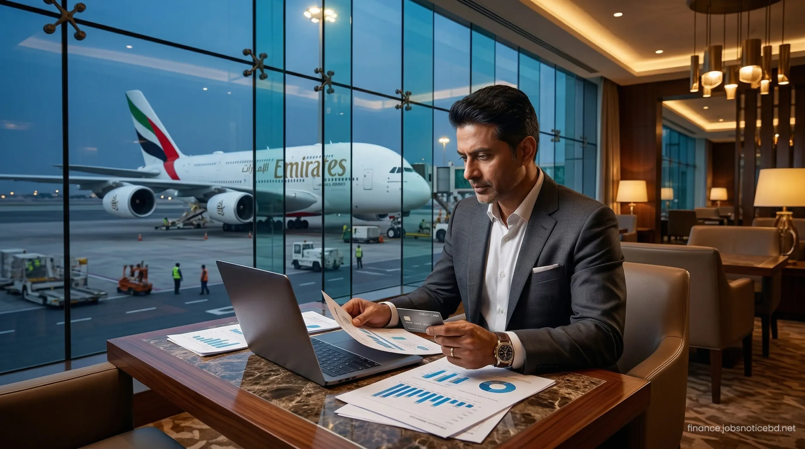 A business traveler enjoying premium airport lounge access in Dubai before an international flight.