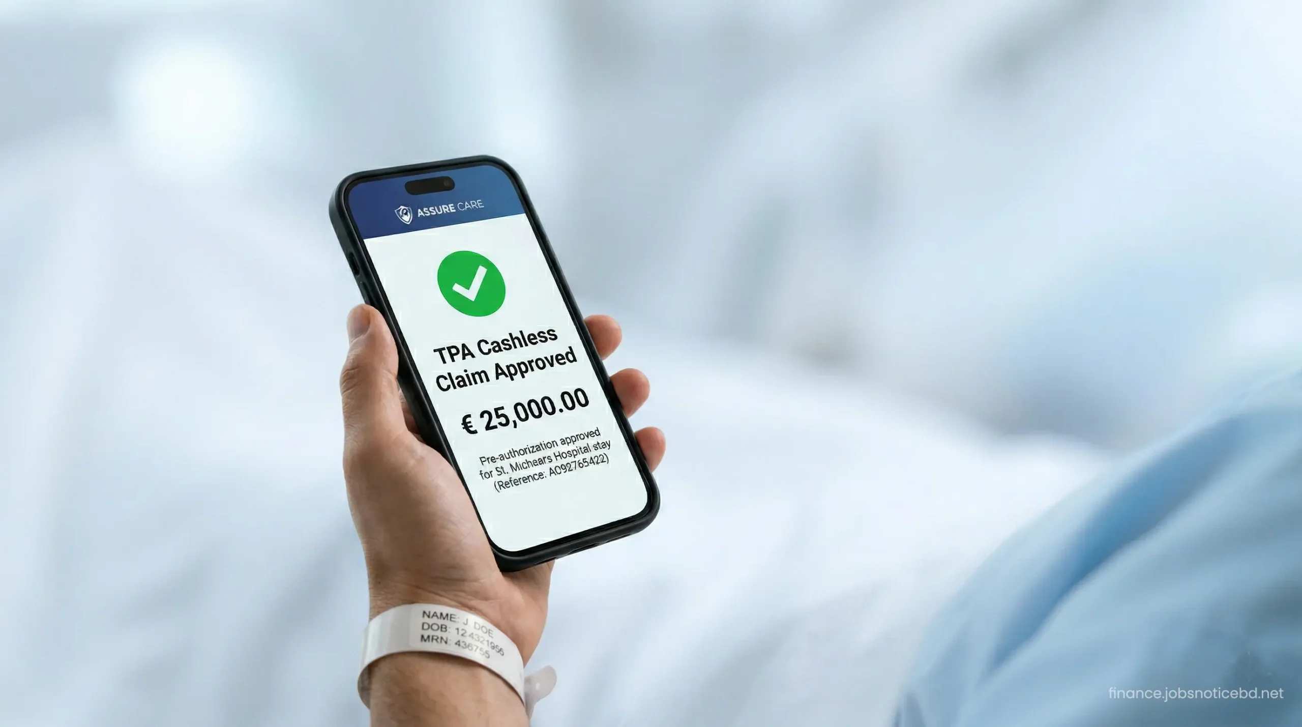 A close-up of a smartphone screen showing a Third Party Administrator (TPA) approving a cashless hospital claim.