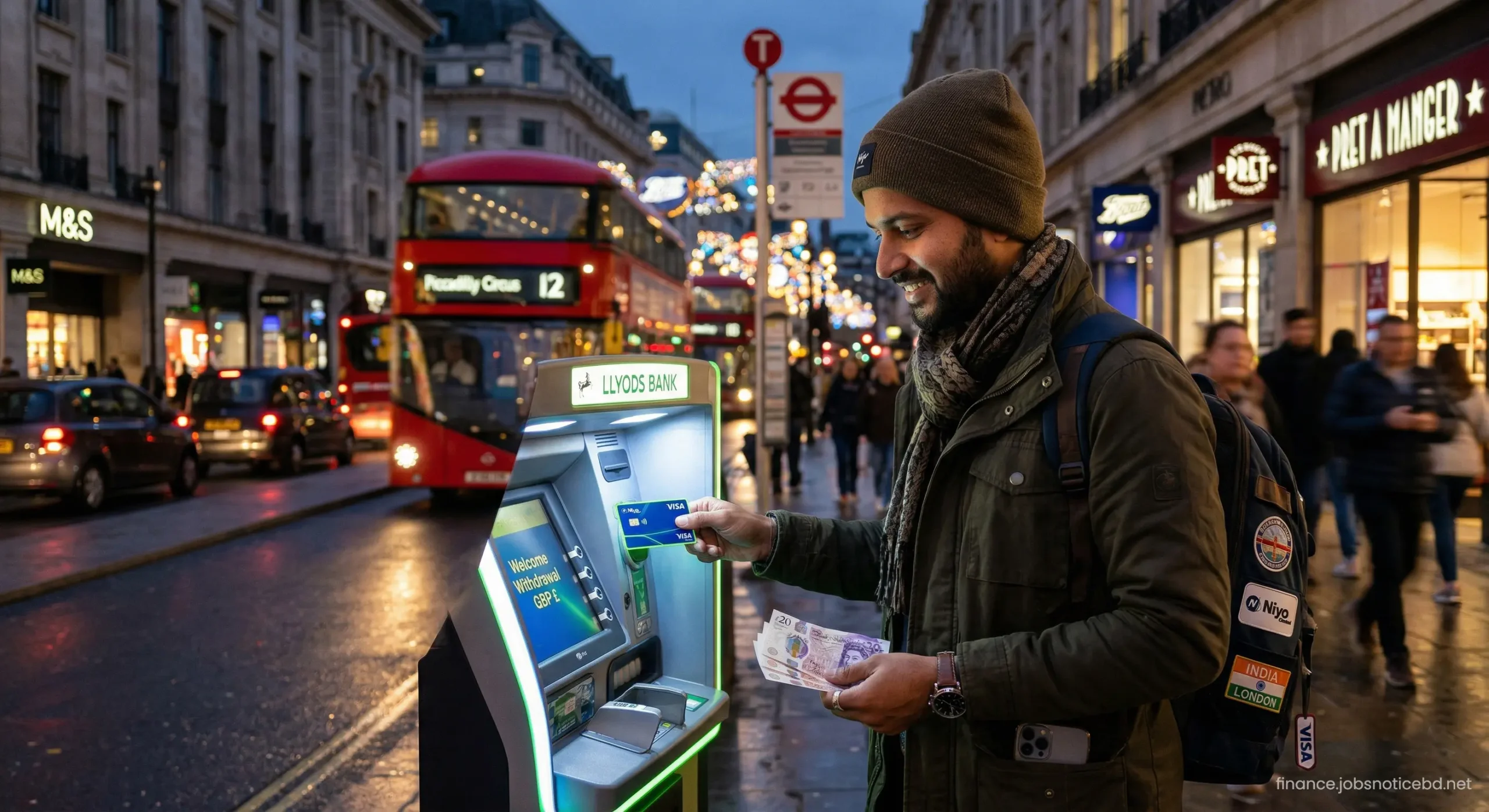 A traveler successfully withdrawing local foreign currency from an international ATM using a Niyo Global card.