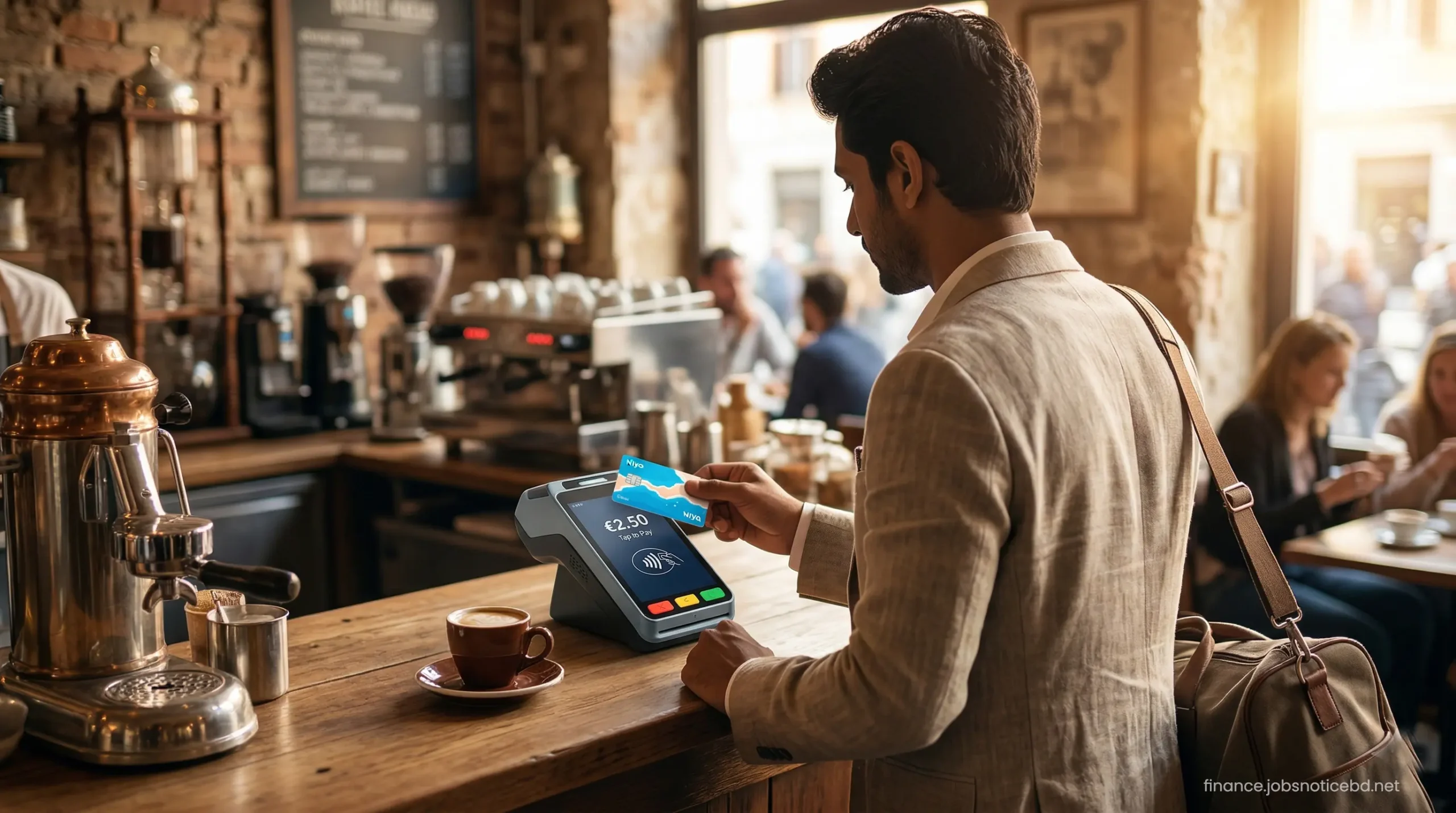 An Indian tourist seamlessly paying for coffee at a European cafe using the contactless Niyo Global card.