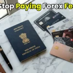 A collection of premium zero forex markup credit cards and an Indian passport placed on a luxury travel desk.