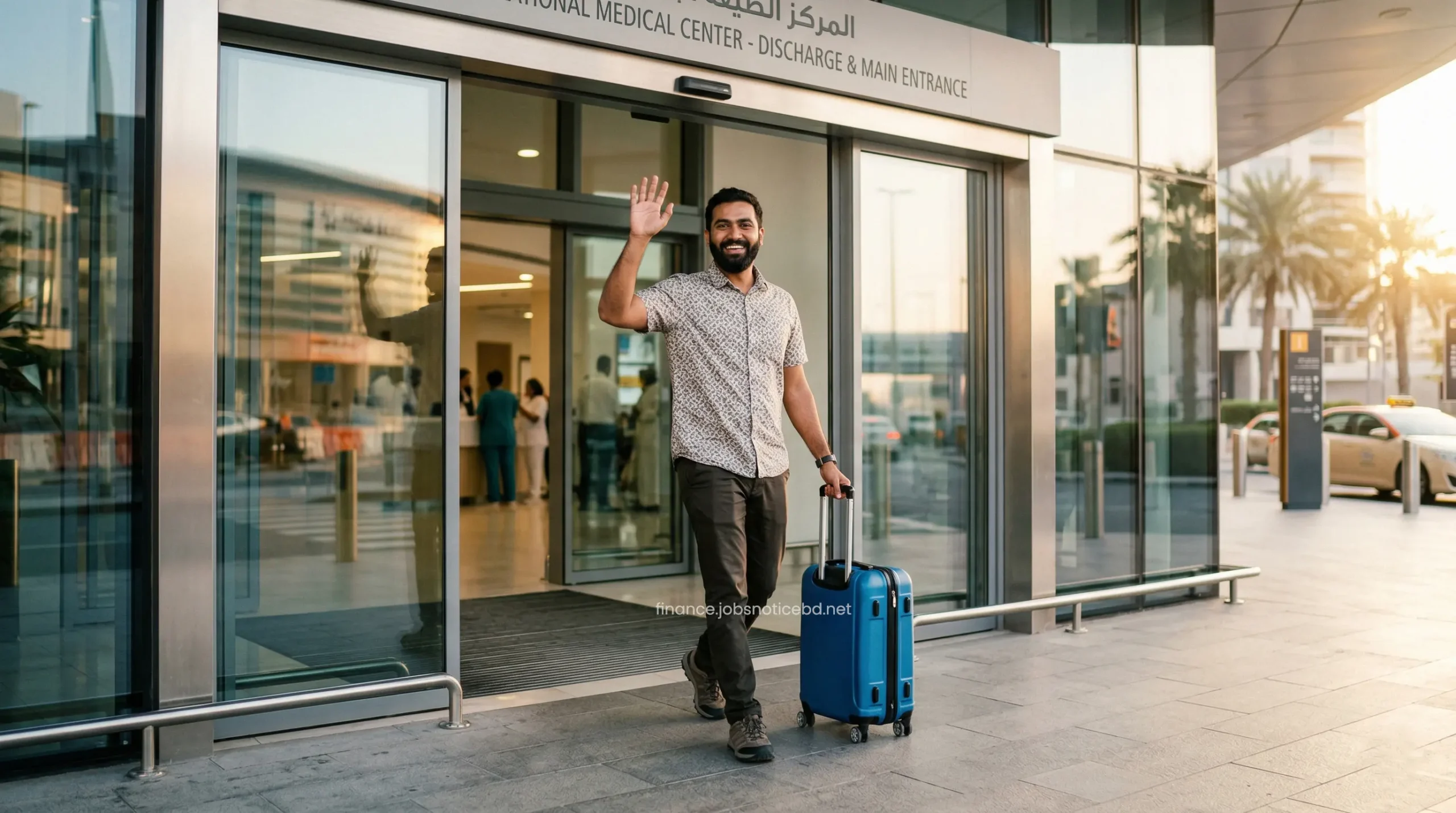 A fully recovered traveler smiling and waving while safely leaving an international hospital without paying out of pocket.