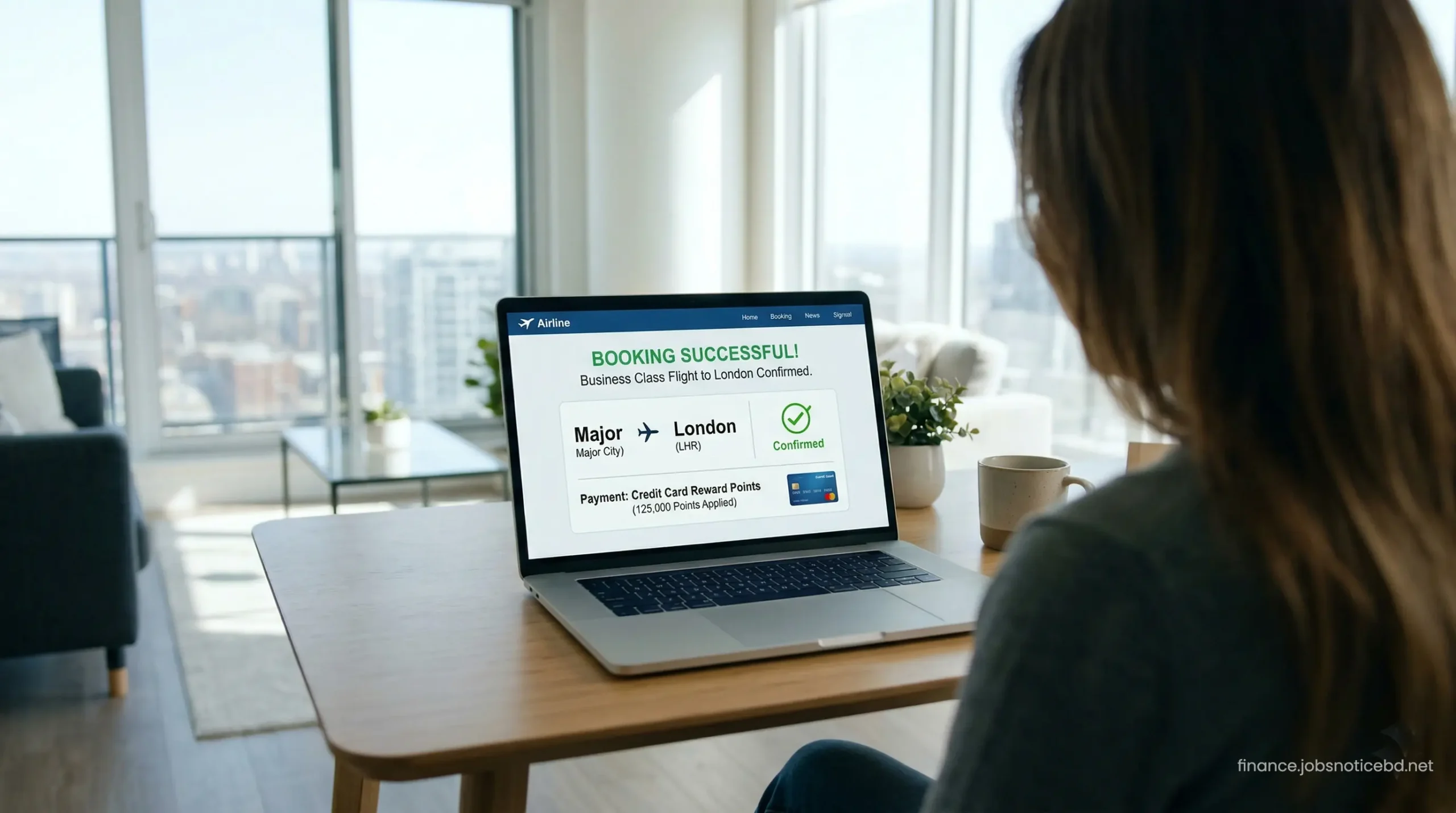 A traveler booking an international business class flight using credit card reward points on a laptop.