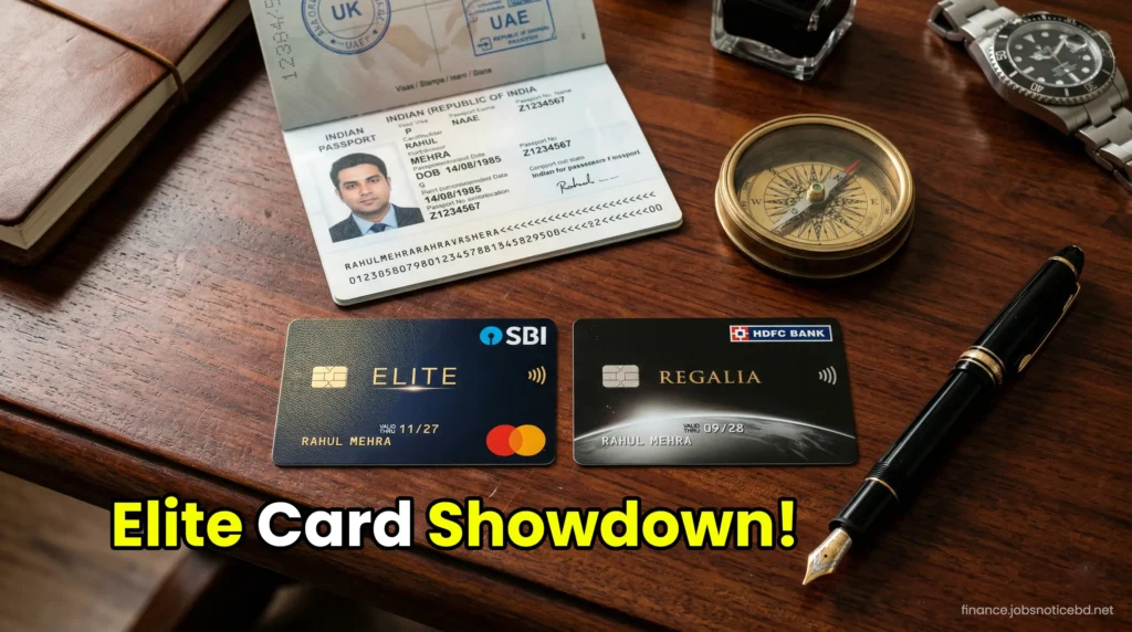 A side-by-side comparison of the premium SBI Elite and HDFC Regalia credit cards on a luxury travel desk.