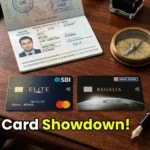 A side-by-side comparison of the premium SBI Elite and HDFC Regalia credit cards on a luxury travel desk.
