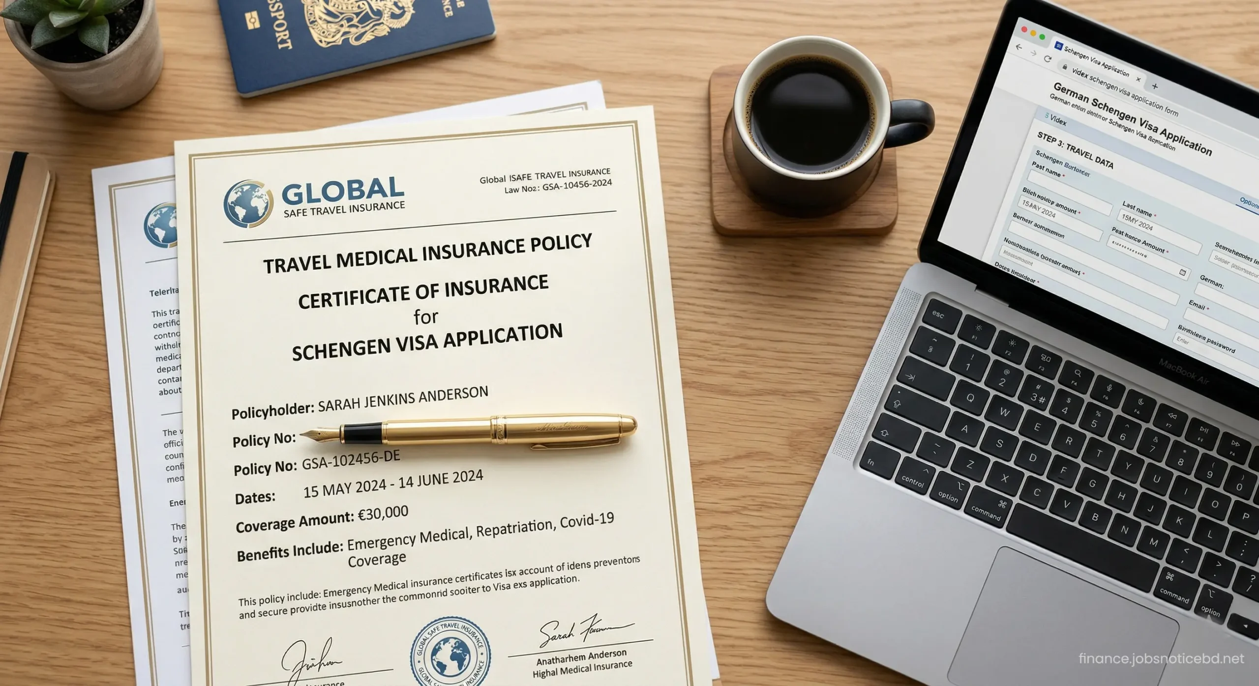 Comprehensive travel medical insurance documents required for a Schengen visa application.