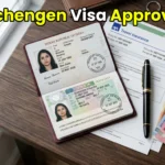 An Indian passport with a Schengen visa stamp next to comprehensive travel medical insurance documents.