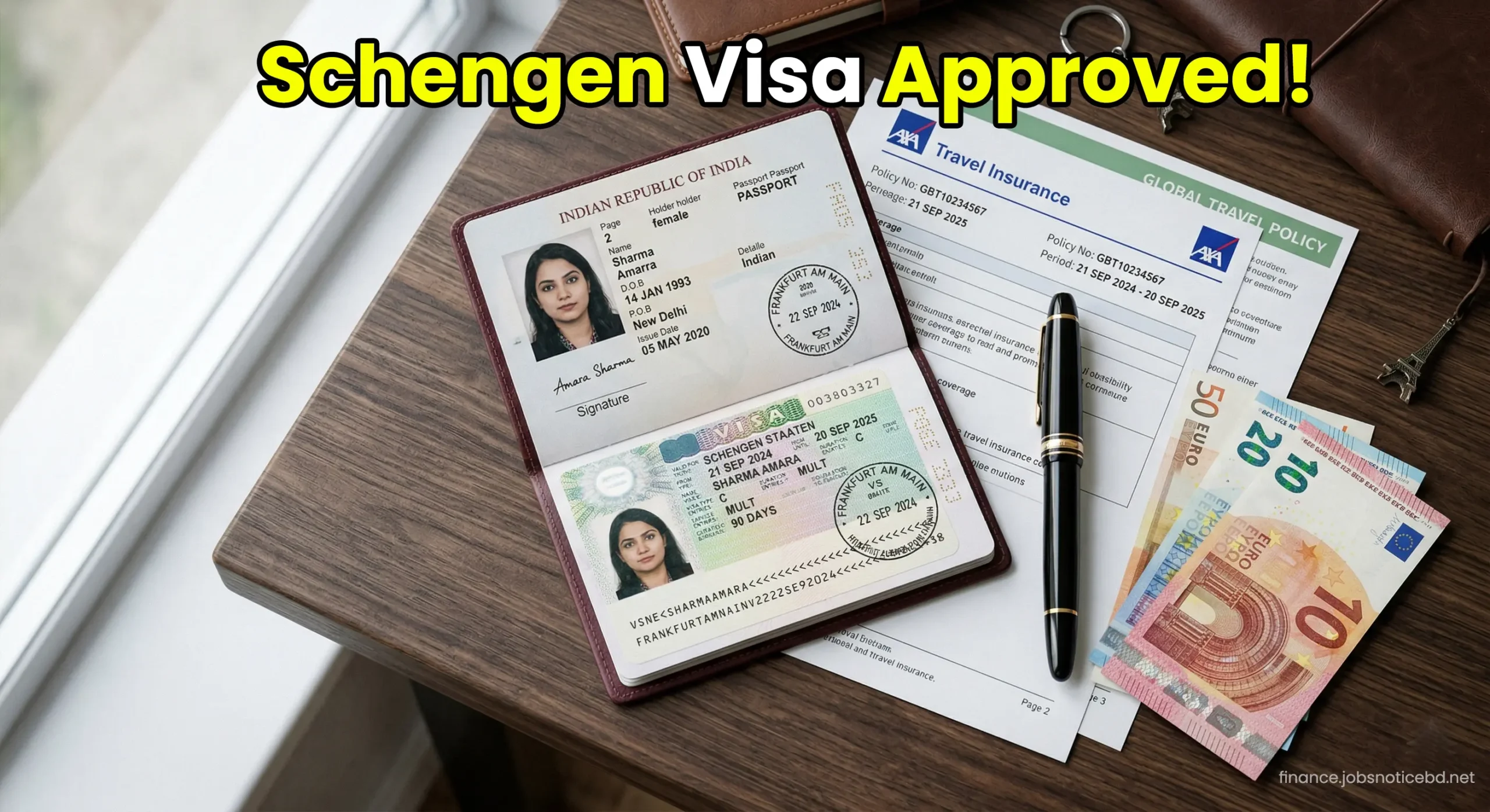 An Indian passport with a Schengen visa stamp next to comprehensive travel medical insurance documents.
