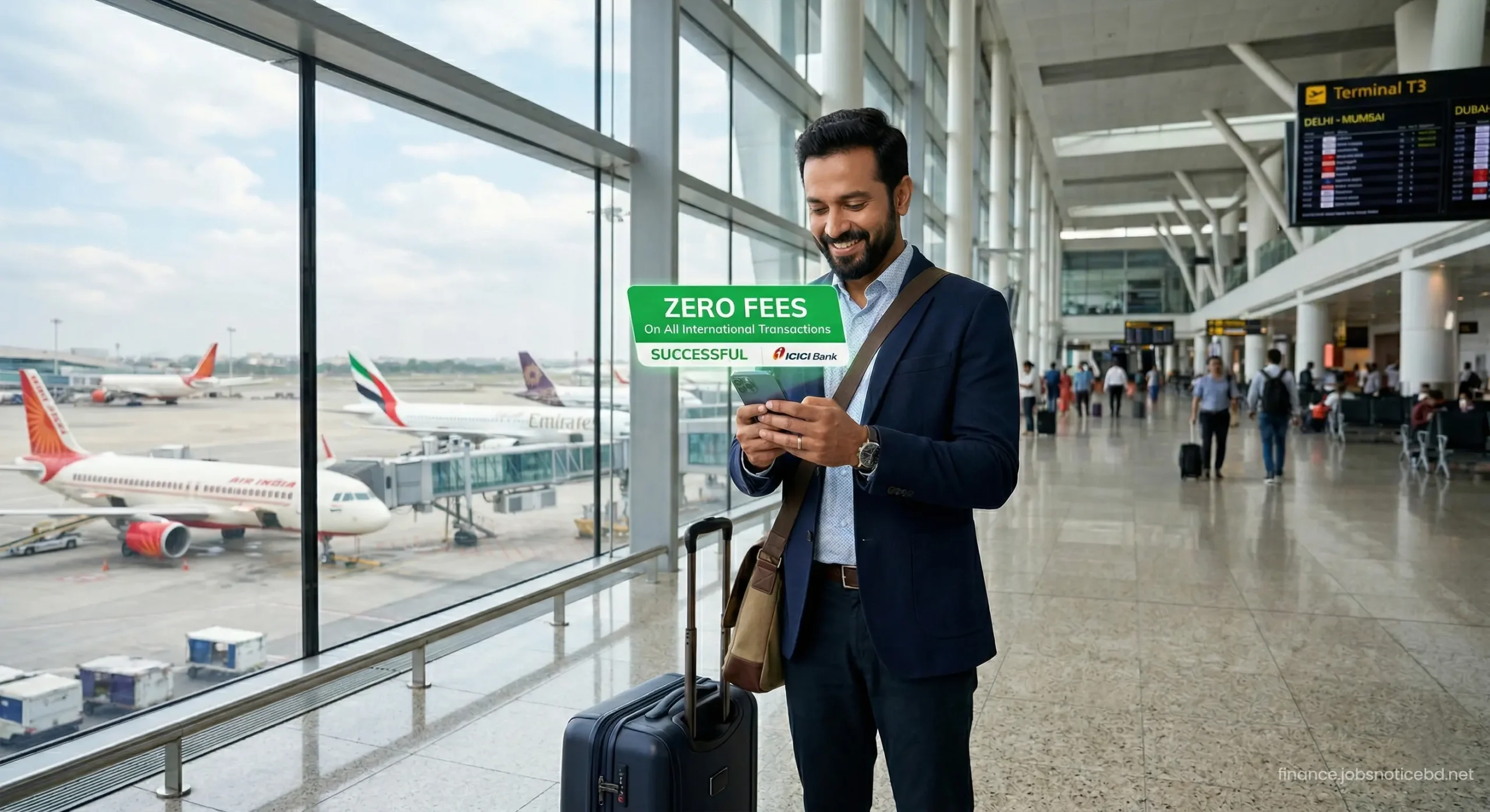 A smart Indian traveler happily checking their zero markup banking app on a smartphone while on vacation.