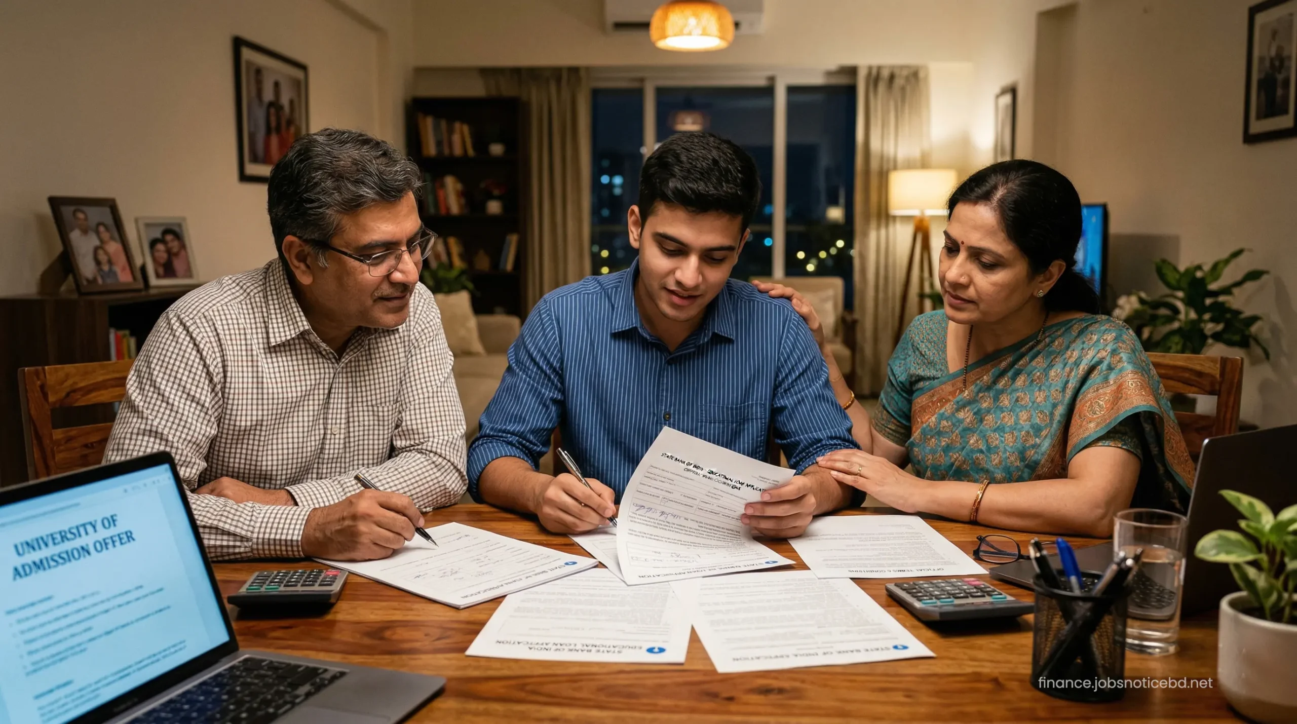 A young Indian student and their parents carefully reviewing international education loan documents at home.