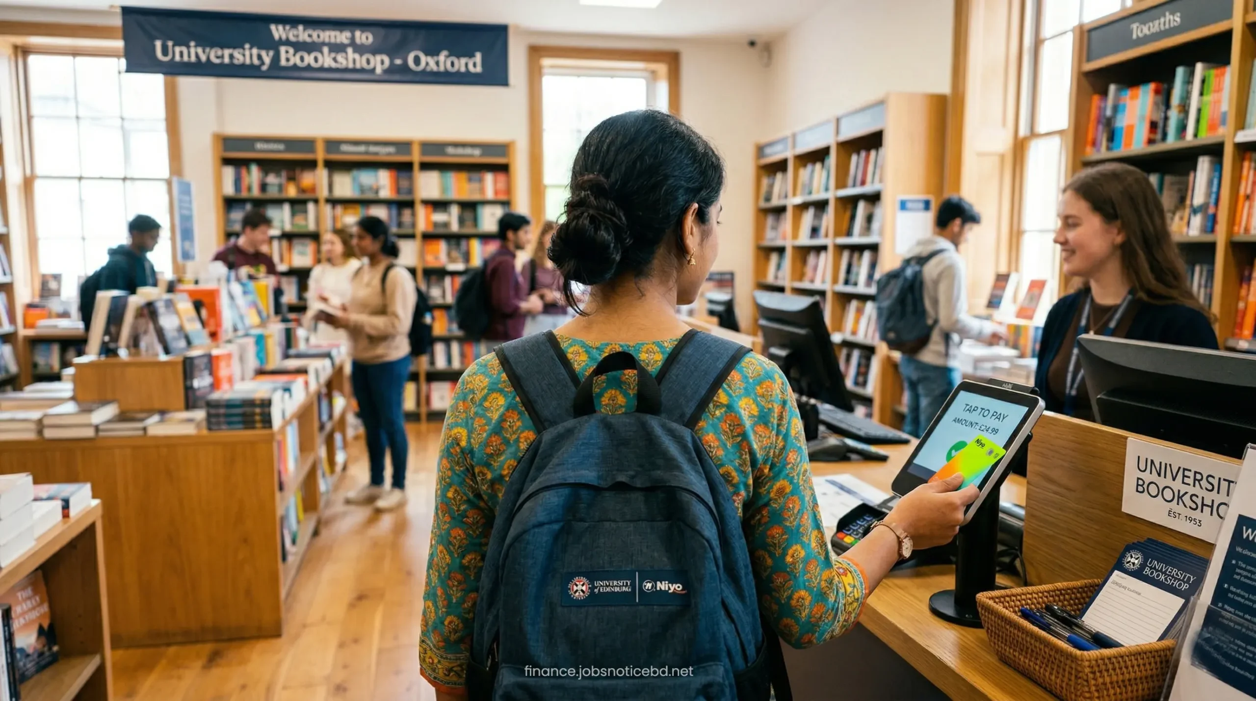 An Indian student using a multi-currency prepaid forex card to buy books at an international university campus.