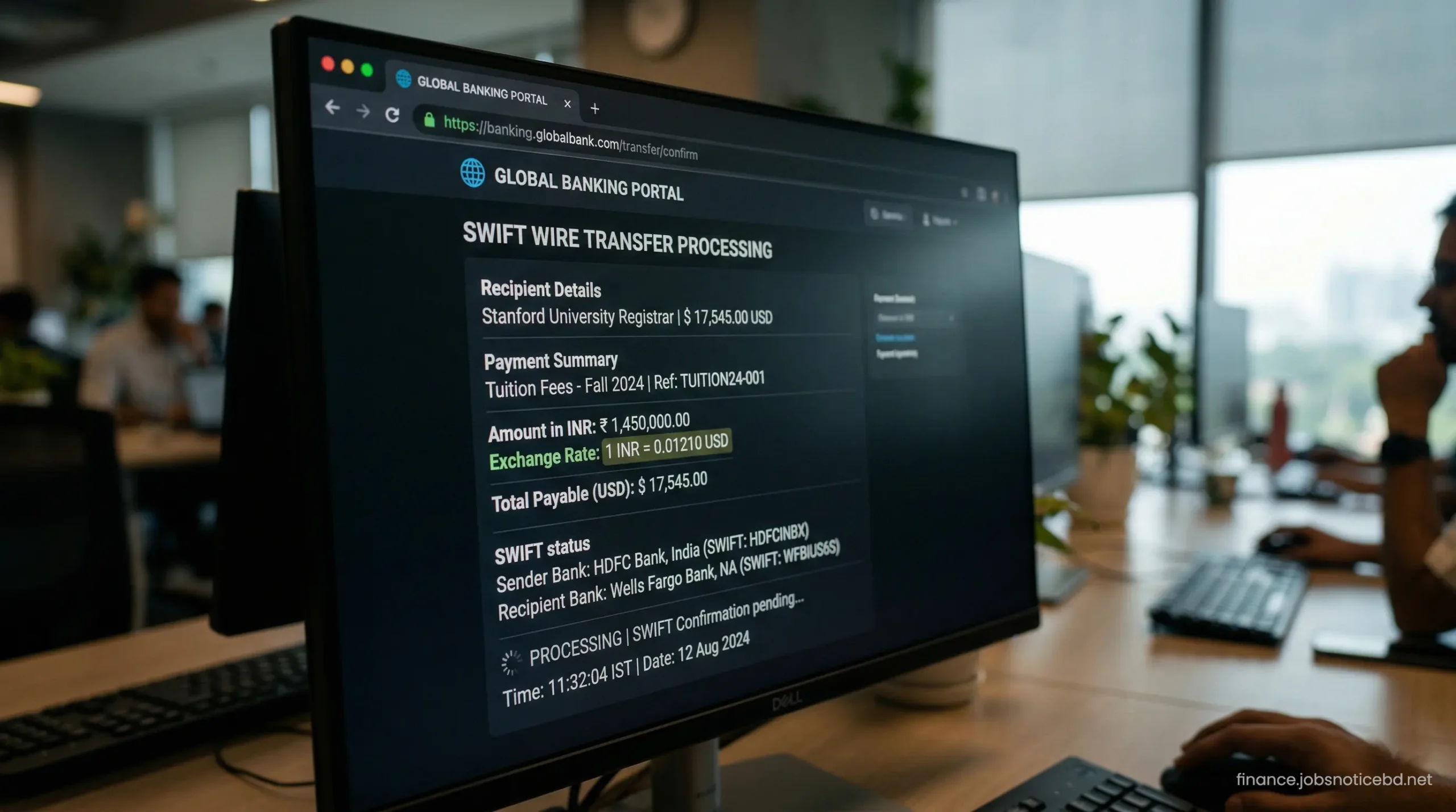 A close-up of a banking portal showing a SWIFT wire transfer for international university tuition fees.