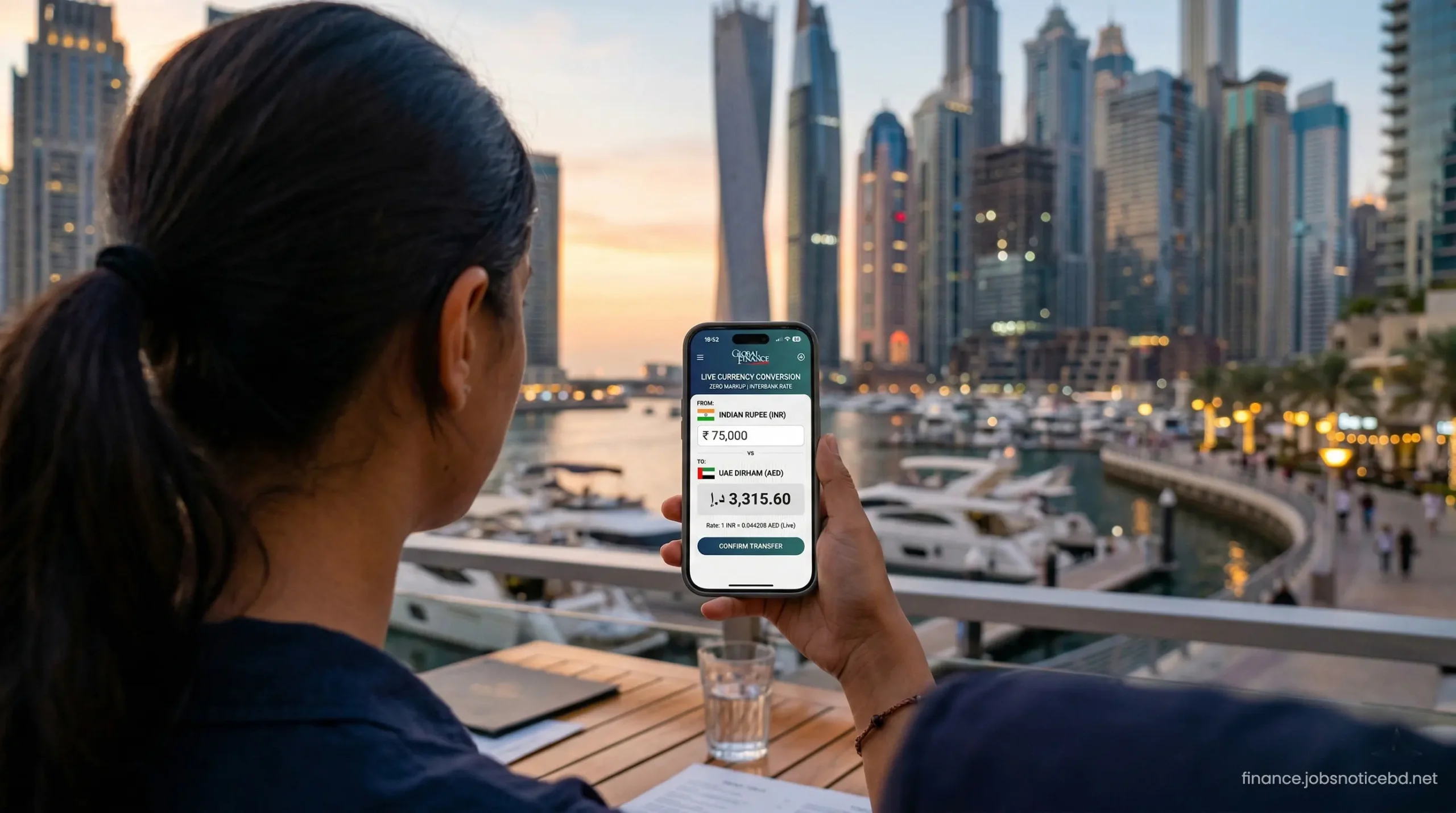 A smartphone screen displaying live AED to INR currency conversion rates on a banking app in Dubai.