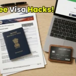 An Indian passport placed on top of US visa application documents and a laptop showing a successful payment screen.