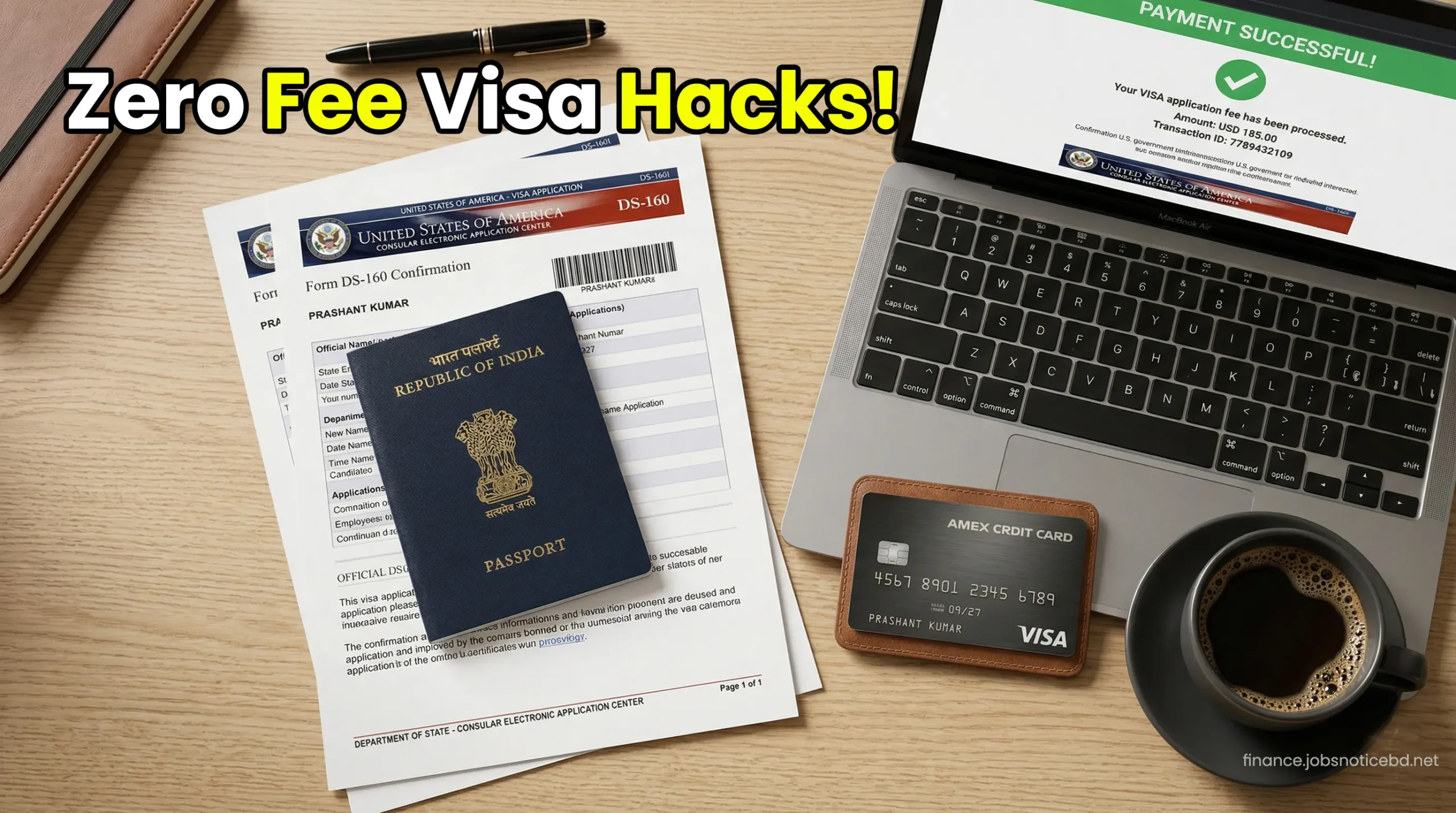 An Indian passport placed on top of US visa application documents and a laptop showing a successful payment screen.